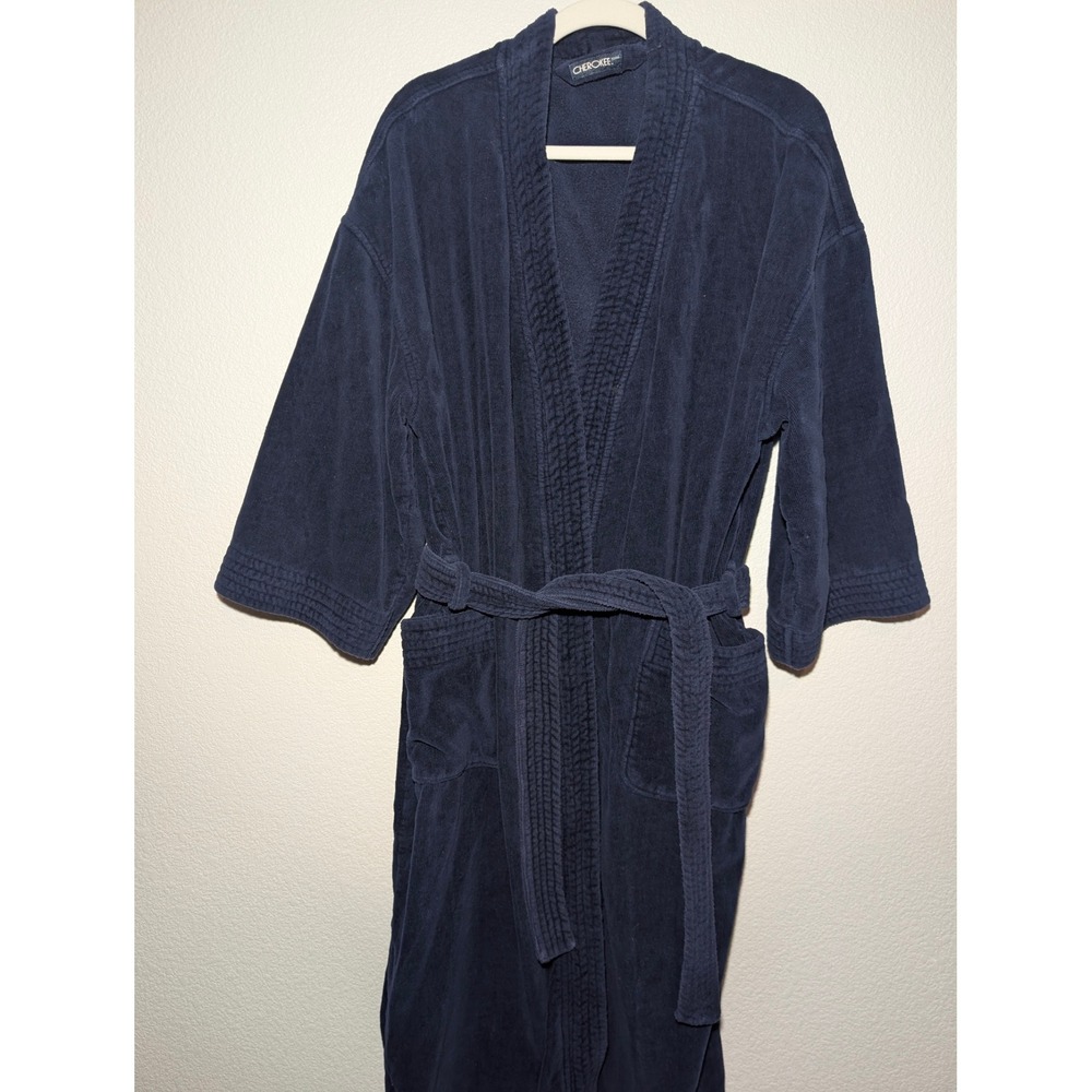 Cherokee Terry Cloth Robe S/M Navy Blue Cotton Wrap Tie Pockets Lounge Vintage